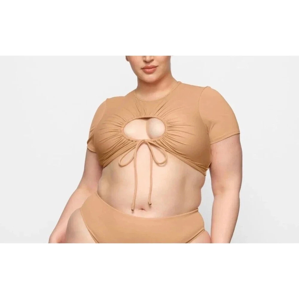 Skims Recycled Swim Size 4X Ruched T-Shirt Crop Top Keyhole Front Ochre
